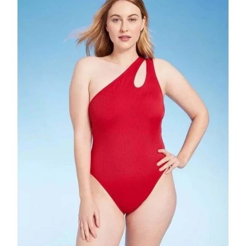 Women Sz 17 One Shoulder Cut Out One Piece Swimsuit Shade & Shore Red NWT